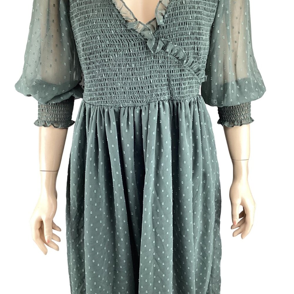 ASOS Design Green Smocked Midi Dress Size 6 Ruffle Trim & Puff Sleeves‎ - Picture 5 of 7